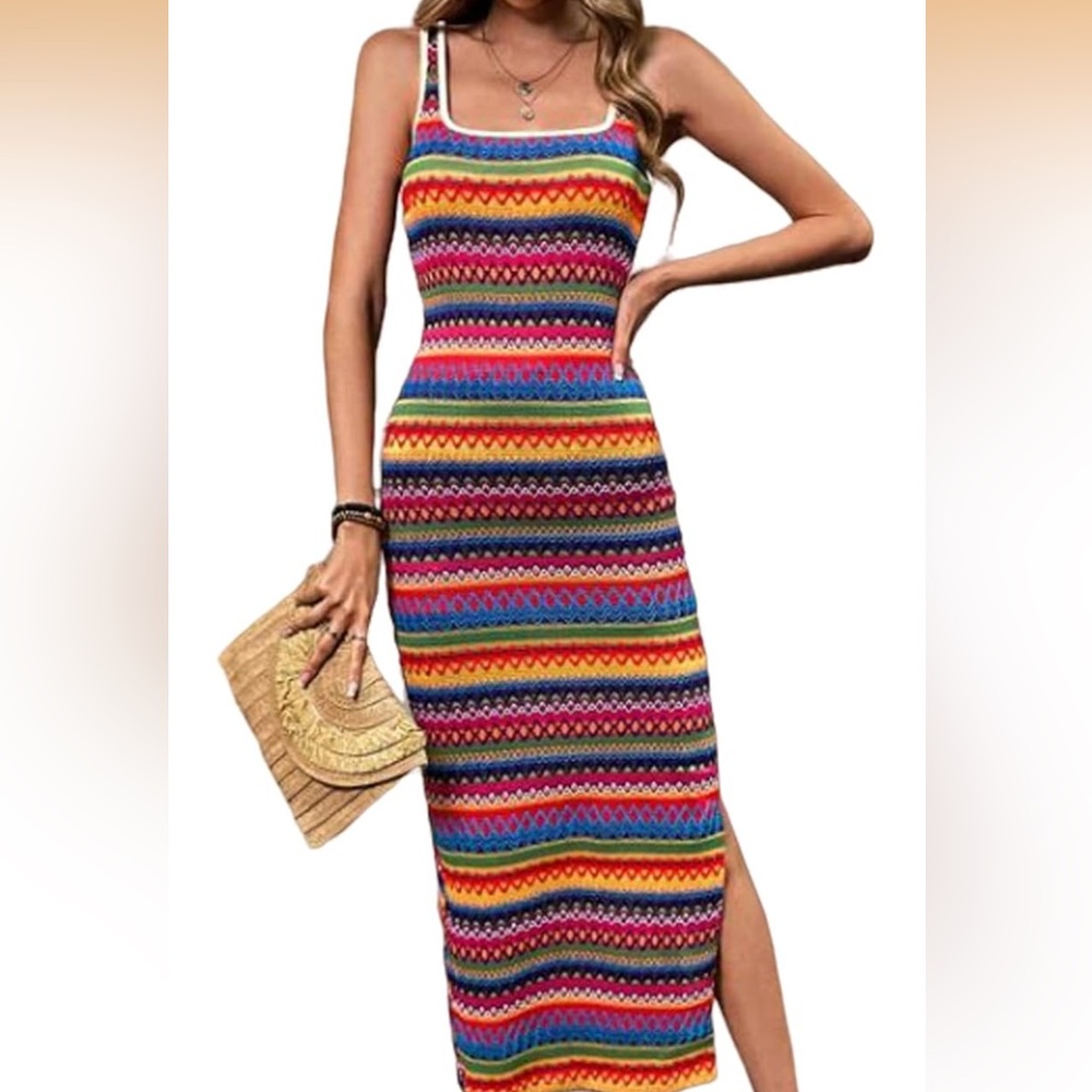 Womens Boho Long Tank Dress Casual Square Neck Sleeveless Bodycon Maxi medium